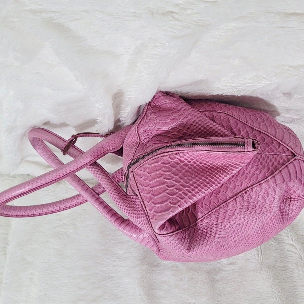 Charles Jourdan Croc Embossed Leather Satchel Bag in Bubblegum Pink - Picture 4 of 16